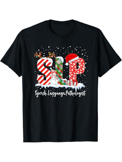 Men's Graphic T-Shirt Speech Language Pathologist Candy Cane And Festive Snow Dots Christmas Letters