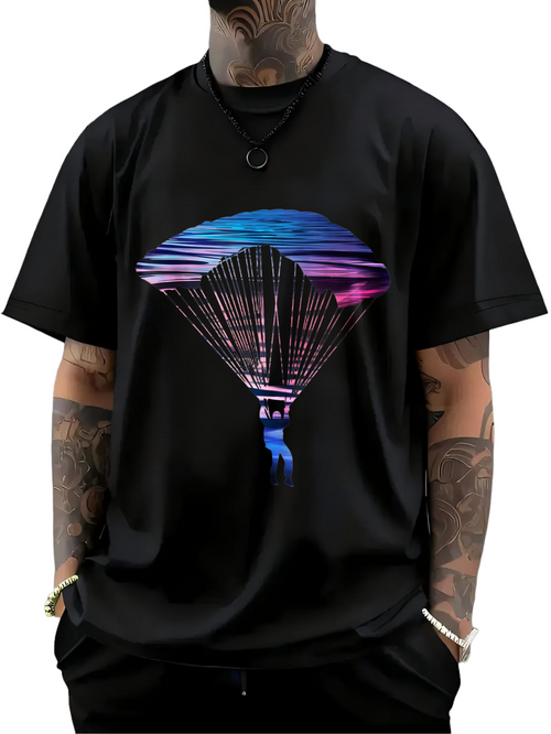 Men's Graphic T-Shirt Sunset Sky With Vibrant Stripes Reflected On Parachuting Explorer