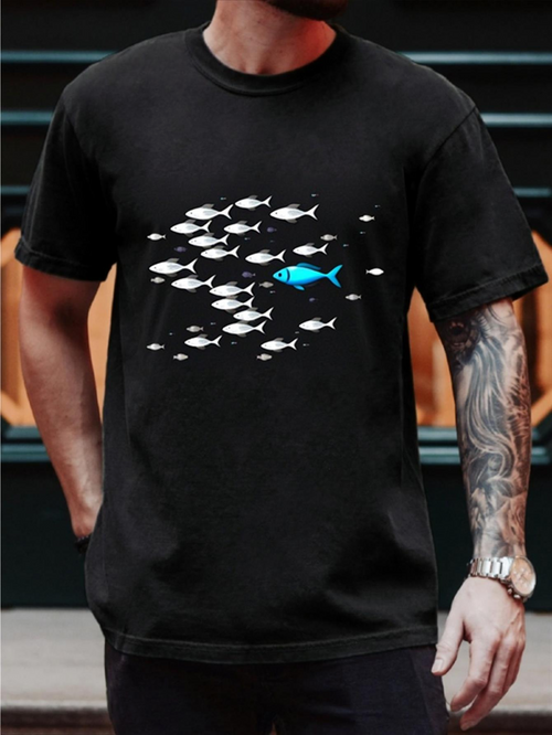 Men's Graphic T-Shirt Bright Blue Among Swimming White School Of Fish