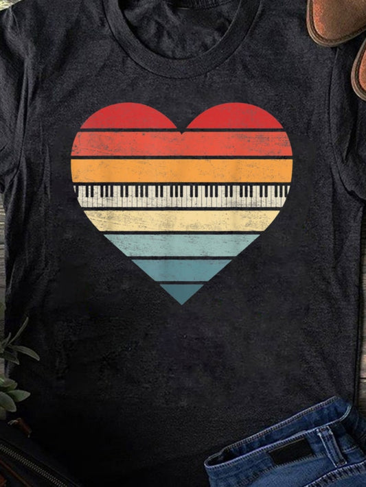 Men's Graphic T-Shirt Vintage Retro Color Stripes With Piano Keys Heart