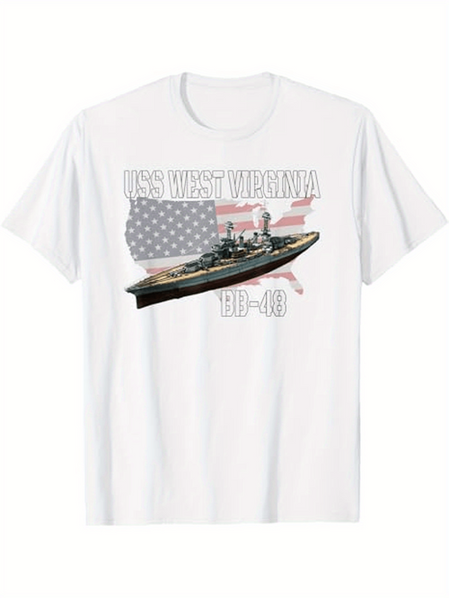 Men's Graphic T-Shirt USS West Virginia Under Starry American Flag With Historic Warship