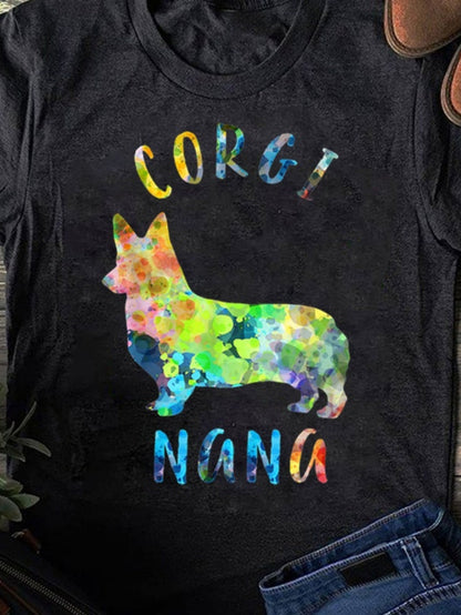 Women's Graphic T-Shirt Corgi Nana Watercolor Splash With Playful Vibrant Hues Under Silhouette Dog