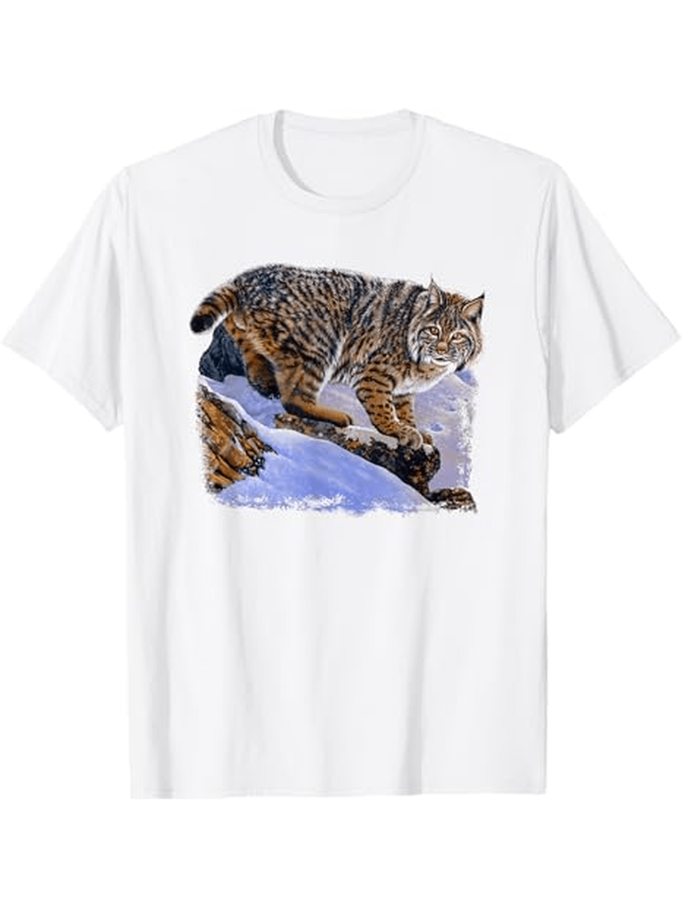 Men's Graphic T-Shirt Wild Snowy Mountains With Stealthy Striped Fur Moving Bobcat