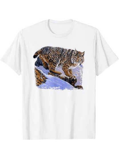 Men's Graphic T-Shirt Wild Snowy Mountains With Stealthy Striped Fur Moving Bobcat