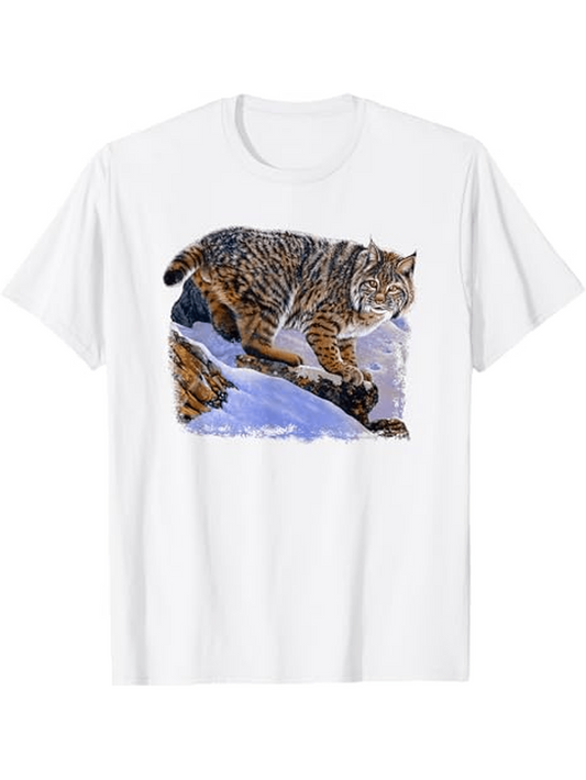 Men's Graphic T-Shirt Wild Snowy Mountains With Stealthy Striped Fur Moving Bobcat