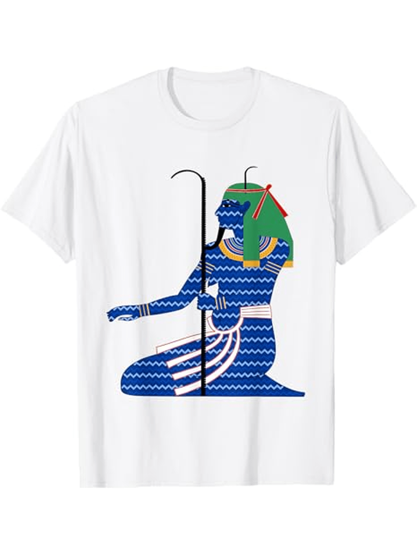 Men's Graphic T-Shirt Blue Patterned Ancient Design With Green Decorative Elements Egyptian Deity Figure