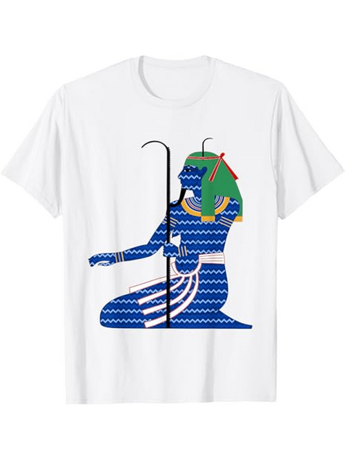 Men's Graphic T-Shirt Blue Patterned Ancient Design With Green Decorative Elements Egyptian Deity Figure