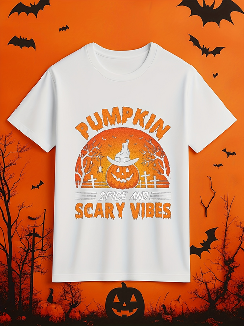 Men's Graphic T-Shirt Pumpkin Scary Vibes Under Orange Sky With Haunted Fence And Jackolantern Pumpkin