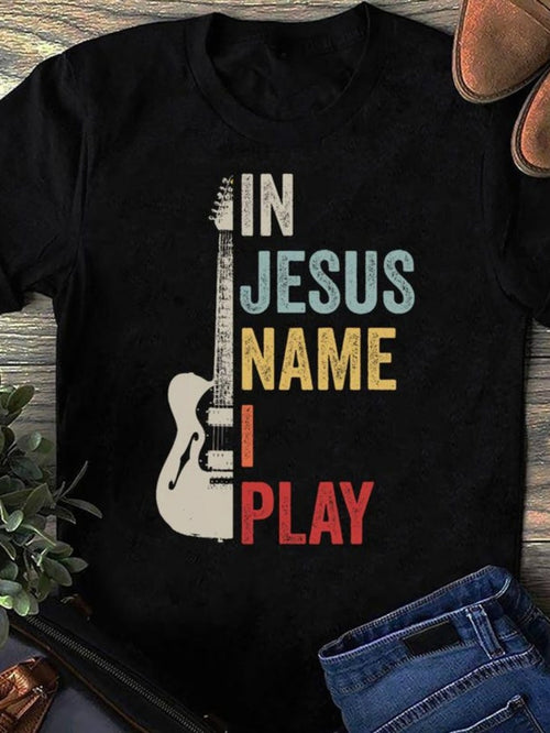 Men's Graphic T-Shirt In Jesus Name Colorful Lettering With Electric Guitar On Black T Shirt