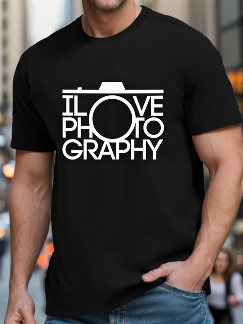 Men's Graphic T-Shirt I Love Photography Bold White Text With Minimalist Camera Graphic Photography