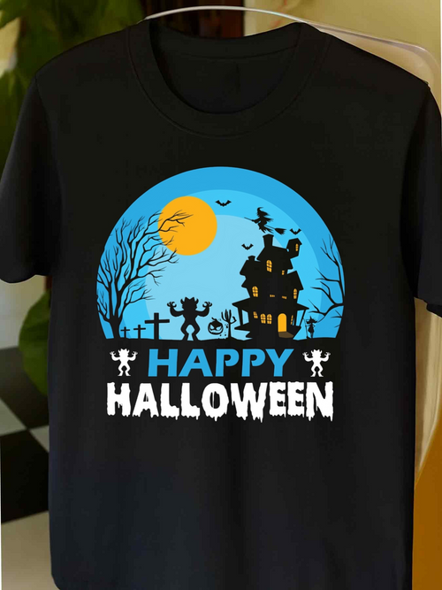 Men's Graphic T-Shirt Happy Halloween Haunted House Under Full Moon With Flying Bats