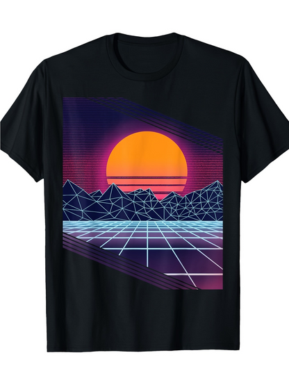 Men's Graphic T-Shirt Retro Grid Sunset With Neon Mountains And Vibrant Purple Skies Horizon