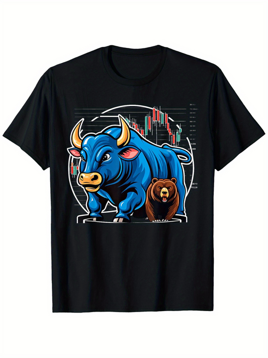 Men's Graphic T-Shirt Stock Market Chart Background With Blue Bull And Brown Bear