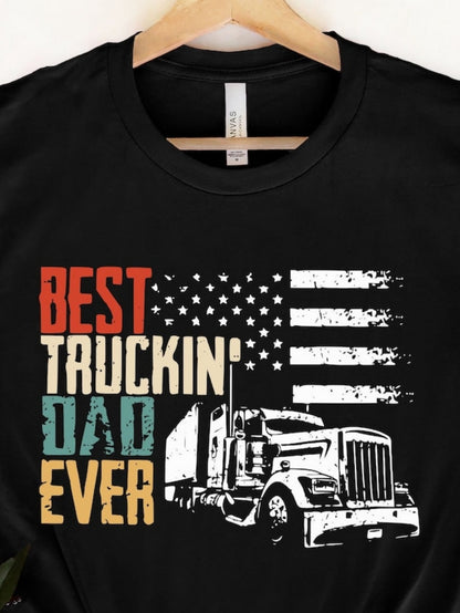Men's Graphic T-Shirt Best Truckin Dad Ever Rustic American Flag Among Classic Semi Truck