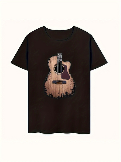 Men's Graphic T-Shirt Vintage Wooden Texture With Artistic Details On Acoustic Guitar