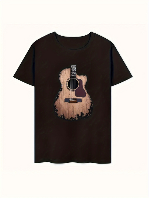 Men's Graphic T-Shirt Vintage Wooden Texture With Artistic Details On Acoustic Guitar