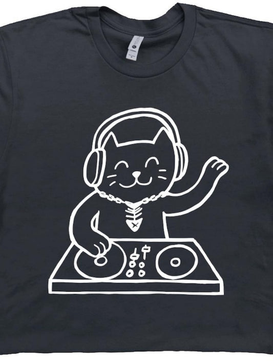 Men's Graphic T-Shirt Playful Cat With Headphones At DJ Turntable Decks Party Scene Cat