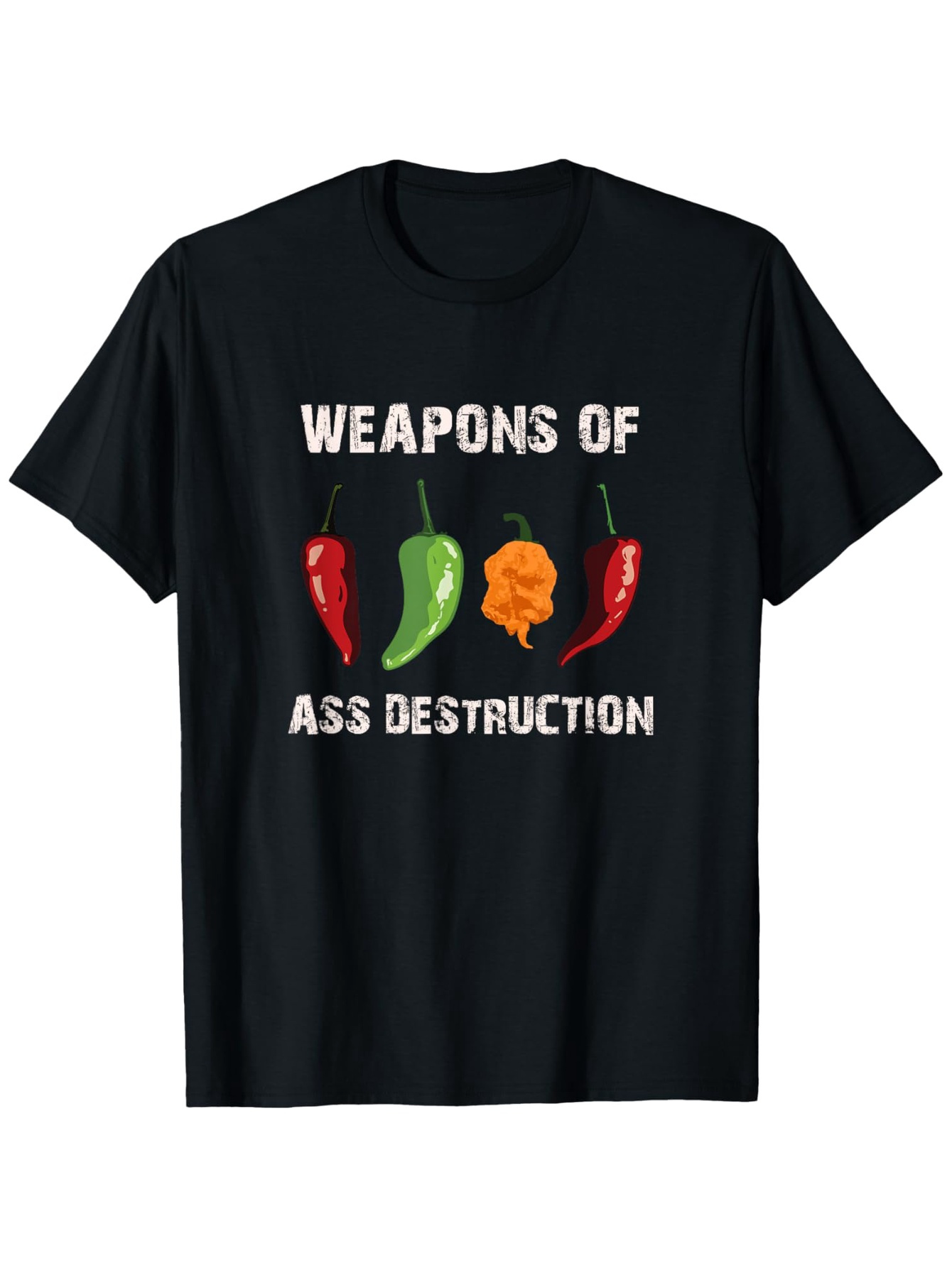 Men's Graphic T-Shirt Weapons Of Ass Destruction Spicy Chili Peppers With Colorful Varieties On Black Shirt