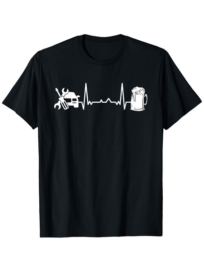 Men's Graphic T-Shirt Heartbeat Line With Car Tools And Foaming Beer Mug
