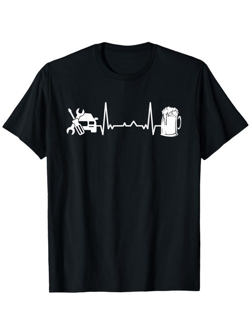 Men's Graphic T-Shirt Heartbeat Line With Car Tools And Foaming Beer Mug