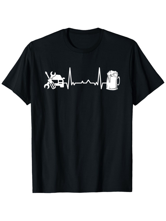 Men's Graphic T-Shirt Heartbeat Line With Car Tools And Foaming Beer Mug