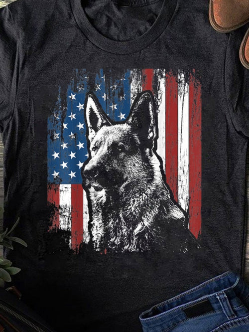 Men's Graphic T-Shirt Majestic German Shepherd Against Faded American Flag Backdrop