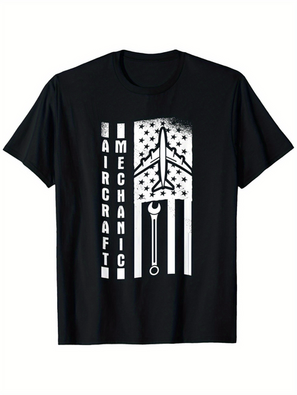 Men's Graphic T-Shirt Aircraft Mechanic American Flag With Stars Wrench And Airplane