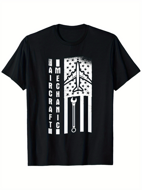 Men's Graphic T-Shirt Aircraft Mechanic American Flag With Stars Wrench And Airplane