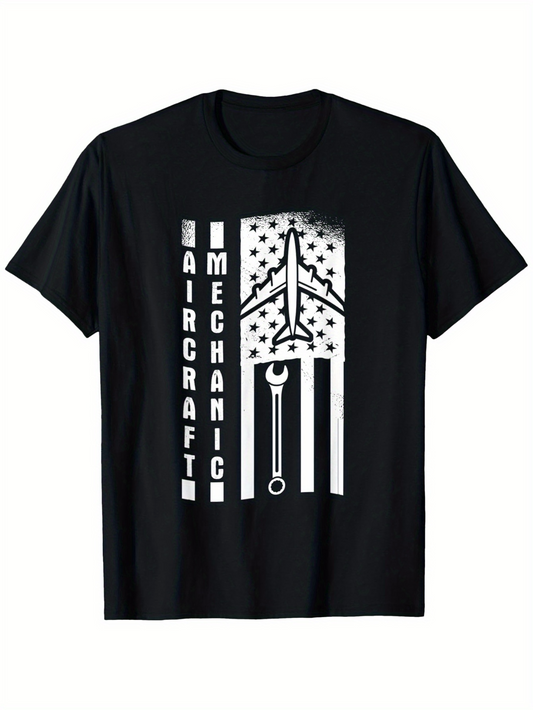 Men's Graphic T-Shirt Aircraft Mechanic American Flag With Stars Wrench And Airplane