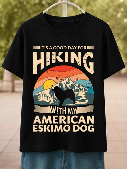 Men's Graphic T-Shirt Good Day For Hiking With My American Eskimo Dog Among Retro Mountain Scenery