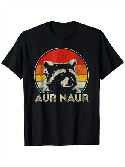 Men's Graphic T-Shirt Aur Naur Retro Sunset With Raccoon Silhouette Among Faded Color Stripes
