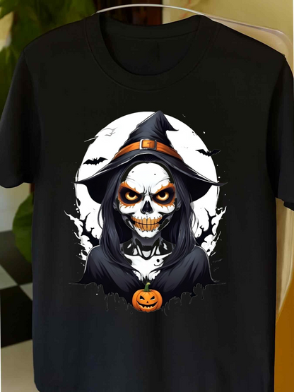 Men's Graphic T-Shirt Gothic Night With Pumpkins Bats And Creepy Halloween Witch Skull