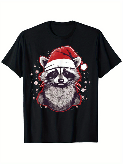 Men's Graphic T-Shirt Adorable Raccoon Wearing Christmas Santa Hat With Snowflakes