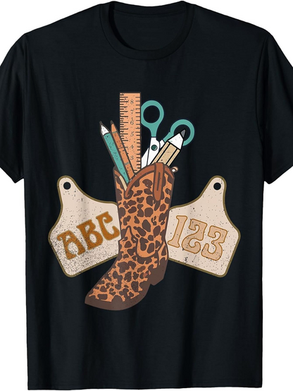 Men's Graphic T-Shirt ABC 123 Leopard Boot With Pencils Ruler And Scissors