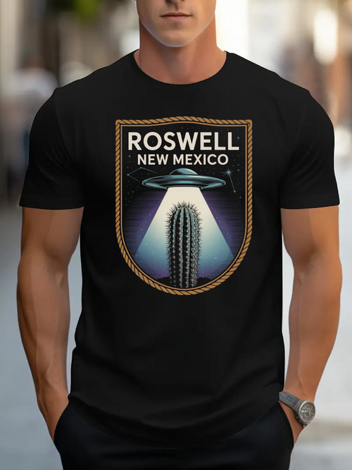 Men's Graphic T-Shirt Roswell New Mexico Mysterious UFO Light Over Desert Cactus Night Sky