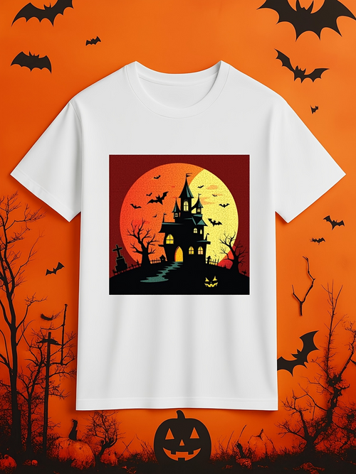 Men's Graphic T-Shirt Glowing Full Moon With Bats And Haunted Spooky Castle