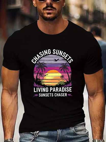 Men's Graphic T-Shirt Chasing Sunsets Violet Orange Sky With Palm Trees Silhouettes And Setting Sun