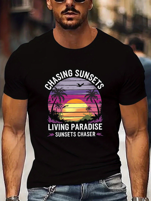 Men's Graphic T-Shirt Chasing Sunsets Violet Orange Sky With Palm Trees Silhouettes And Setting Sun