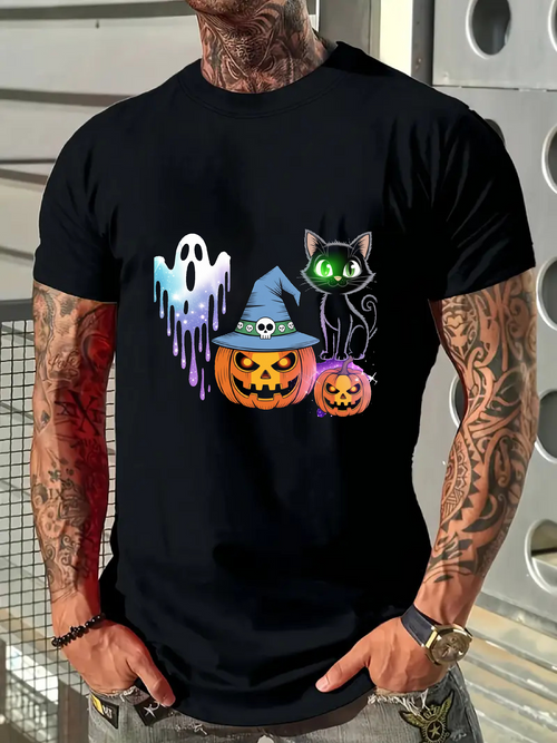 Men's Graphic T-Shirt Whimsical Ghost With Halloween Pumpkins And Mystic Cat