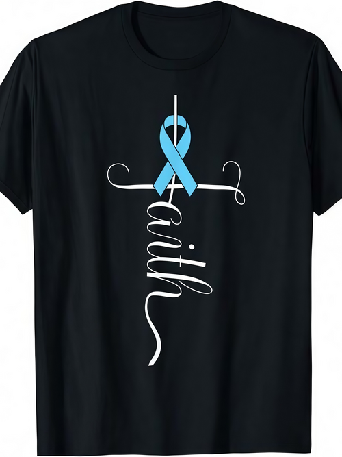 Men's Graphic T-Shirt Blue Awareness Ribbon With Handwritten Word Faith On Black Shirt