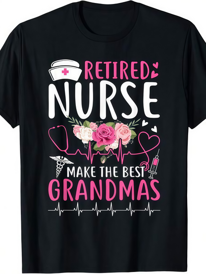 Men's Graphic T-Shirt Retired Nurse With Pink Flowers Stethoscope Heartbeat Lines And Blossoming Grandma