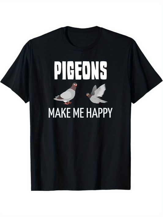 Men's Graphic T-Shirt Pigeons Make Me Happy Playful Birds With Flapping Wings On Black Shirt