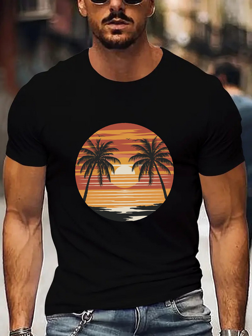 Men's Graphic T-Shirt Sunset Reflections With Silhouetted Palm Trees Calm Ocean Shore