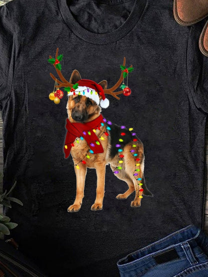 Men's Graphic T-Shirt German Shepherd Wearing Christmas Hat And Colorful String Lights Reindeer Antlers