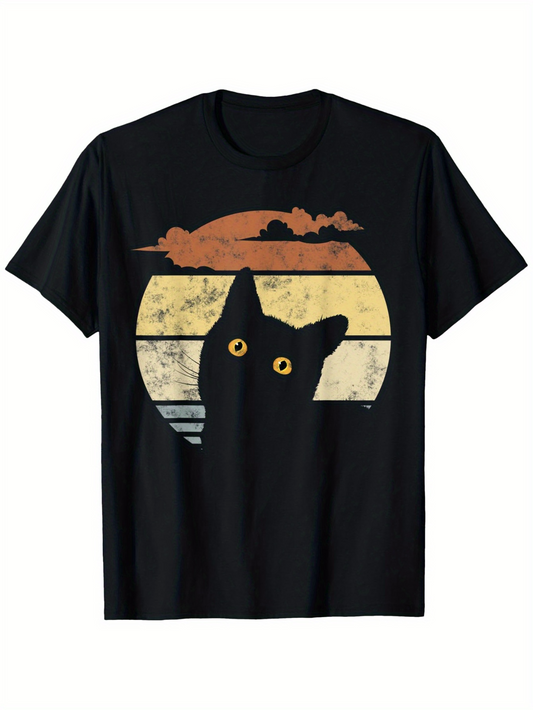Men's Graphic T-Shirt Vintage Sunset With Clouds And Peeking Silhouette Black Cat