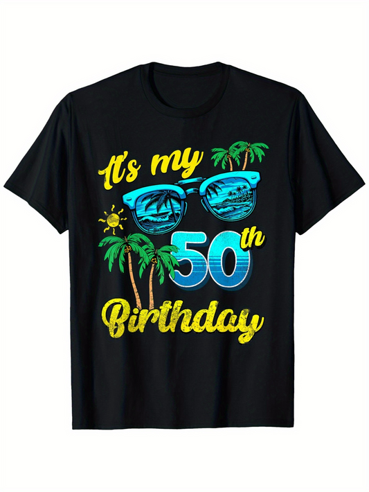 Men's Graphic T-Shirt Its My 50th Birthday Tropical Palm Trees With Sunglasses And Sun T Shirt
