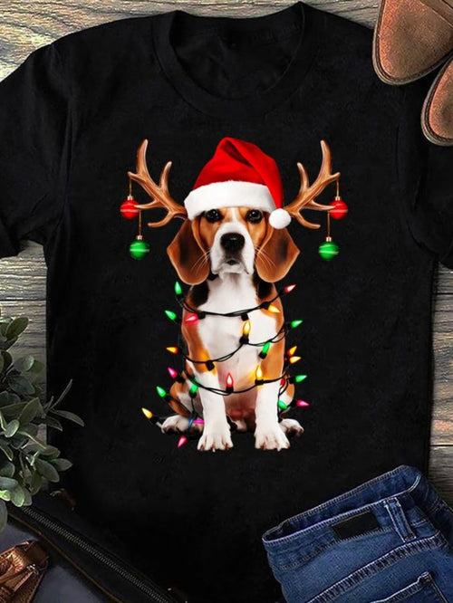 Women's Graphic T-Shirt Festive Holiday Dog With Antlers Santa Hat Lights Beagle