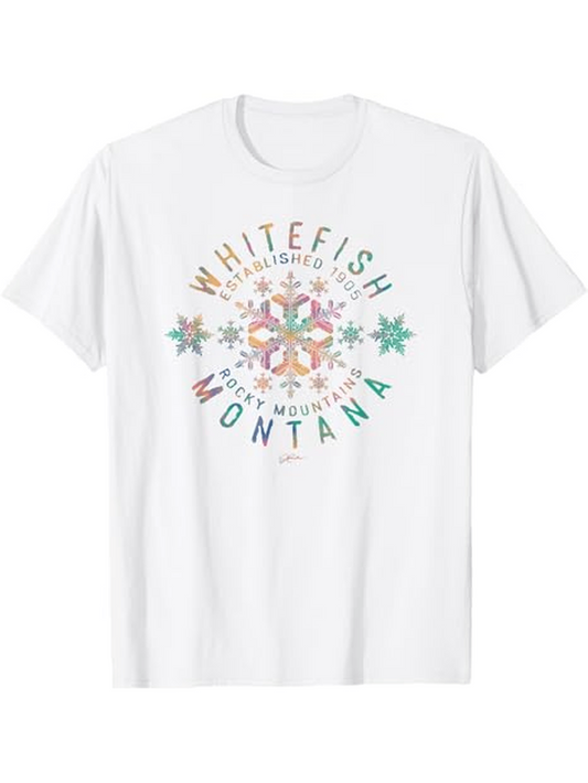 Men's Graphic T-Shirt Whitefish Montana Colorful Snowflakes Surrounding Vintage Mountain Graphic