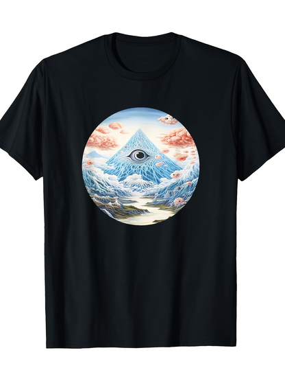 Men's Graphic T-Shirt Surreal Mountain Landscape With All Seeing Eye Among Clouds Pyramid