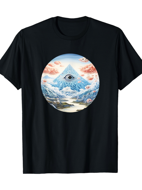 Men's Graphic T-Shirt Surreal Mountain Landscape With All Seeing Eye Among Clouds Pyramid